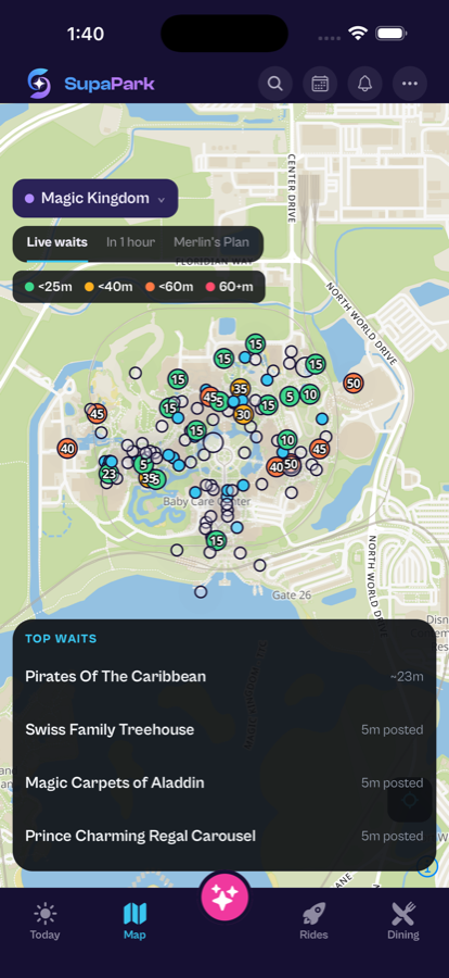 Live park map with wait-time pins