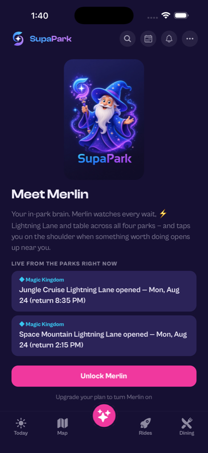 Merlin showing live Lightning Lane openings