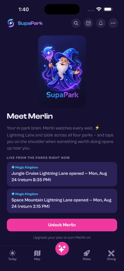 SupaPark Merlin screen: the AI planner introduction with live Lightning Lane openings from the parks