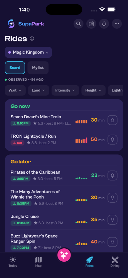 The SupaPark app showing live Disney World wait times